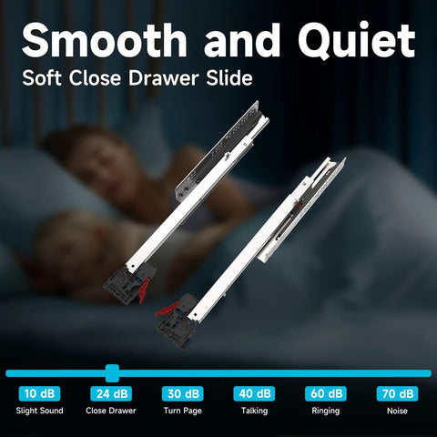 22 Inch Undermount Soft Close Drawer Slides Full Extension, 6 Pairs for 6 Drawers, 5/8 Inch Panel Compatible, Heavy Duty Cold Rolled Steel Construction, Smooth Quiet Operation shown with soft-close slide and noise scale