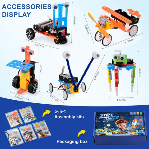 Display of 5 robots from Hands-On Robot Building Kit for Kids Ages 6 to 13, Cool STEM Toys and Science Experiments.