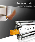 Beefy 500lbs locking drawer slides with full extension side mount ball bearing rails, yellow levers shown in tool box