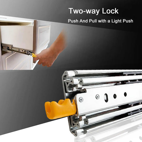 Beefy 500lbs locking drawer slides with full extension side mount ball bearing rails, yellow levers shown in tool box