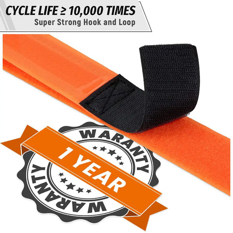 Adjustable Bike Rack Strap Set 24 Inch Bicycle Wheel Stabilizers With Gel Grip showcasing hook and loop with 1-year warranty badge