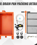 Heavy Duty Low Profile Oil Drain Pan Cart 15 Gallon Capacity With 180 Watt Electric Pump and 8 Foot Hose packing details with components.