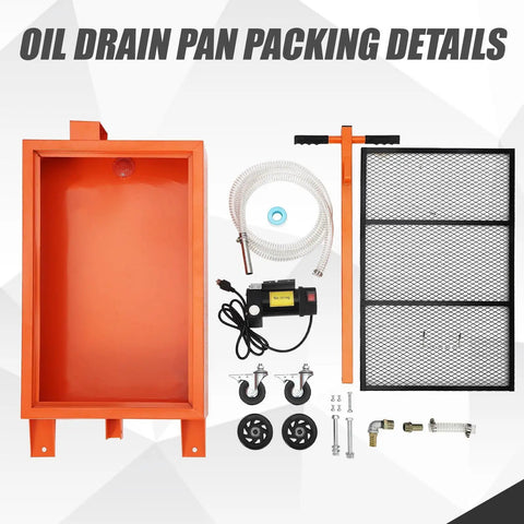 Heavy Duty Low Profile Oil Drain Pan Cart 15 Gallon Capacity With 180 Watt Electric Pump and 8 Foot Hose packing details with components.