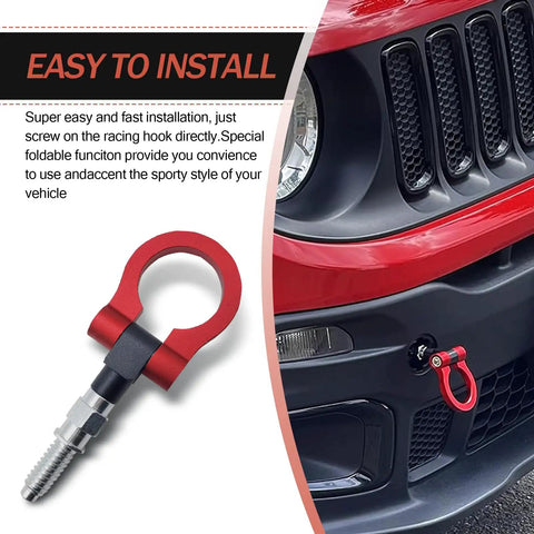 Red Alloy Car Front Bumper Tow Hook With Foldable Design, Rust Proof Recovery Ring for Fast Grab and Go Trail Rescue installed on vehicle.