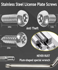 Anti-theft stainless steel screws and wrench for Universal Front License Plate Bracket Mount Kit with dimensions.
