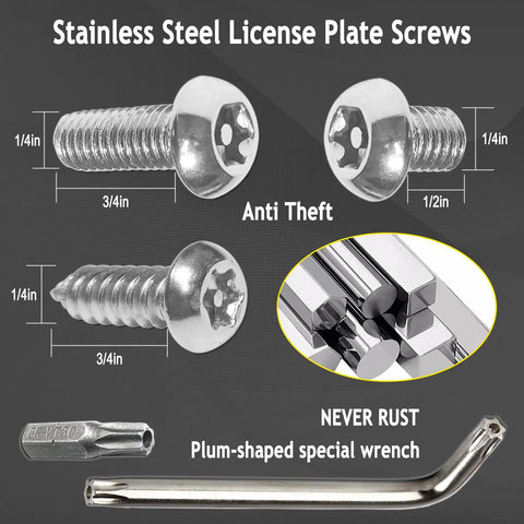 Anti-theft stainless steel screws and wrench for Universal Front License Plate Bracket Mount Kit with dimensions.