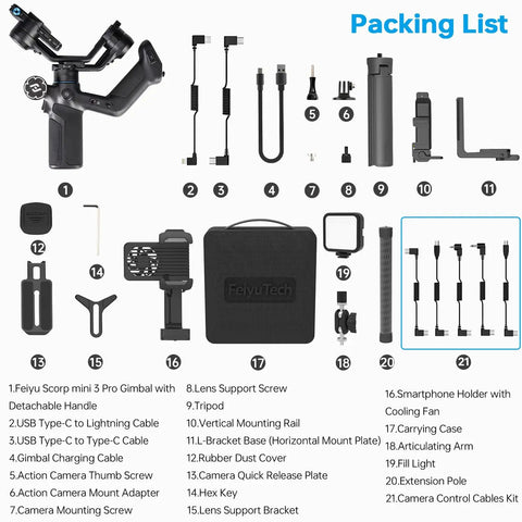 Scorp Mini 3 Pro Gimbal Kit With AI Tracking Built In Display Detachable Remote Handle accessories and components.