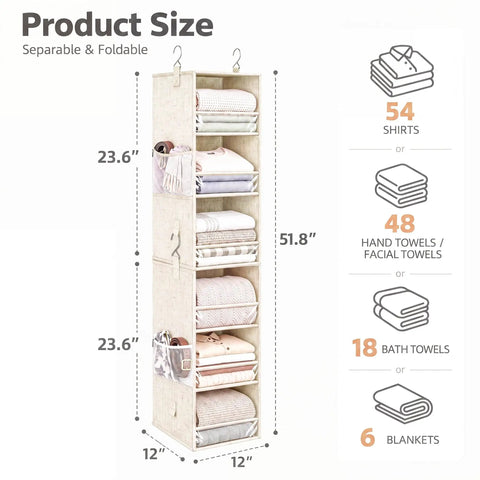 Snap Together Six Tier Hanging Closet Organizer, Collapsible Wardrobe Rack For Dorms, Beige Vertical Space Hack For Easy Heavy Duty Storage Solutions, 51.8" tall