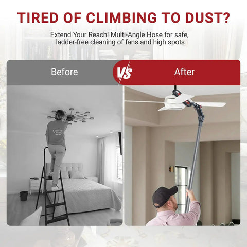 Comparison of person using ladder vs. Must Have Universal Vacuum Brush Attachment With 2 In 1 Multi Angle Dusting Tool for fan cleaning.