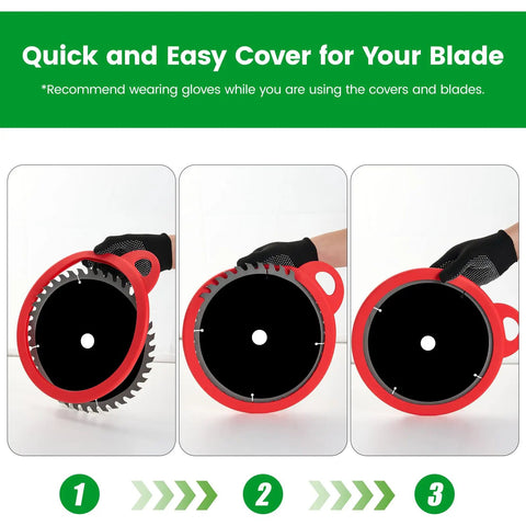 Red Silicone Saw Blade Sleeve and Storage for Circular and Table Saws 10 Inch Protector Cover Keeps Teeth Safe Grab and Go Access Protects Edges and Fingers Two Pack shown in use with glove on hand.