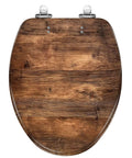 Generic Replacement Elongated Resin Toilet Seat for Home Use with a wood-like finish and adjustable metal hinges.