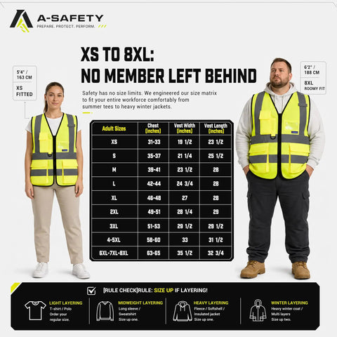 Hella Visible Reflective Safety Vest 100 Percent Polyester Machine Washable Durable Year Round Job Site Work Gear Yellow Big And Tall Construction Crew Plus Size 6XL 7XL 8XL