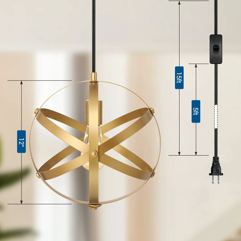 Plug In Pendant Light In Gold Industrial Style Metal Globe With 15 Ft Cord On Off Switch Vintage Vibe Ceiling Fixture