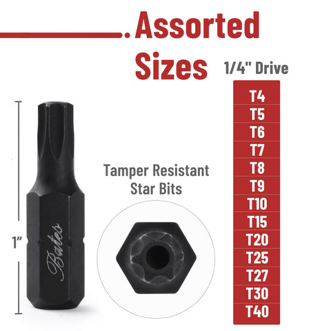 Tamper Proof Torx Bit Set 13 Piece T4 To T40 Security Bits Quarter Inch Drive Industrial Grade S2 Alloy Steel close-up