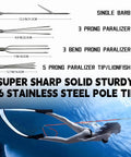 Stainless steel pole spear tips with dimensions, underwater scene showing use of 6Ft Fiberglass Travel Pole Spear Set With 3 Prong Paralyzer Hand Spear Harpoon, Spearfishing Gear For Snorkeling, Freediving, And Scuba Diving, Durable Pole Spear For Saltwater Or Freshwater.