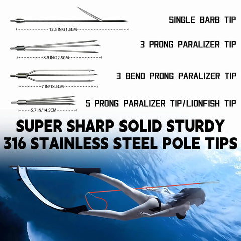 Stainless steel pole spear tips with dimensions, underwater scene showing use of 6Ft Fiberglass Travel Pole Spear Set With 3 Prong Paralyzer Hand Spear Harpoon, Spearfishing Gear For Snorkeling, Freediving, And Scuba Diving, Durable Pole Spear For Saltwater Or Freshwater.