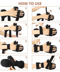Step-by-step guide showing how to wear Resting Hand Brace For All Night Use Soft Grip Hand Splint Supports Fingers And Wrist Immobilizer.