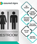 Unisex Restroom Sign For Business With ADA Braille, 9x6 Inch Self Adhesive; silver acrylic with Braille and pictograms