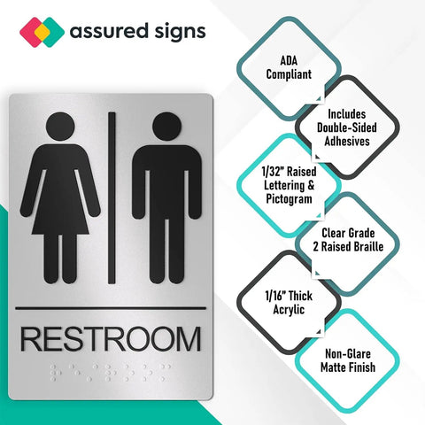Unisex Restroom Sign For Business With ADA Braille, 9x6 Inch Self Adhesive; silver acrylic with Braille and pictograms