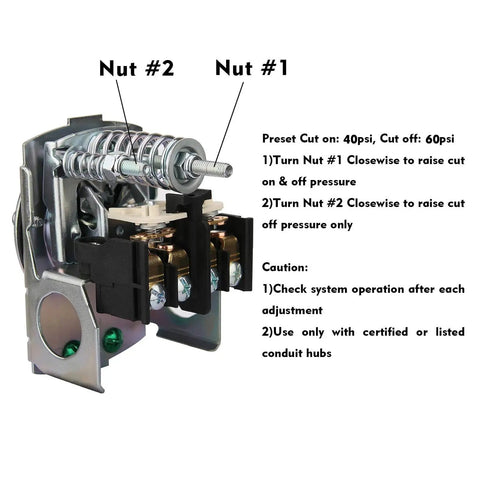 Adjustable Pressure Switch For Water Well Pumps With 40 To 60 PSI Range, Diaphragm Actuated, One Quarter Inch NPT Female Connection