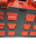 Red and black Packout Compatible Mounting Plate For Tool Storage, Heavy Duty Metal Base, ideal for walls or floors, pre-drilled holes visible.
