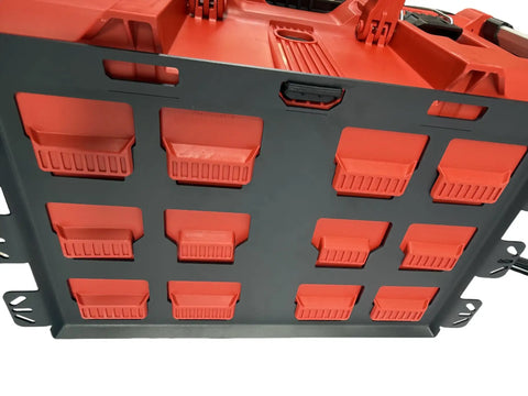 Red and black Packout Compatible Mounting Plate For Tool Storage, Heavy Duty Metal Base, ideal for walls or floors, pre-drilled holes visible.