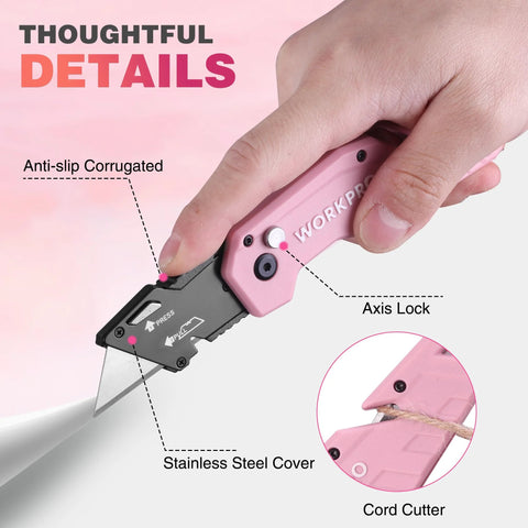 Pink WORKPRO folding utility knife with axis lock and quick-change blade