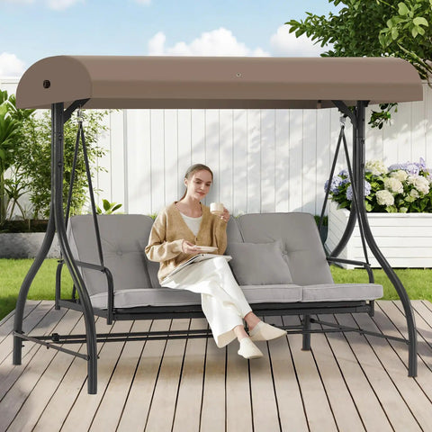 Person sitting on a swing chair with Porch Swing Canopy Top Replacement For Outdoor GCS00229C Beige Shade Cover Direct Fit