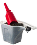 3N1 Bird Seed Super Tote And Storage For 5 Lb Capacity with red tapered pour spout visible filled with seed, secure lid and handle