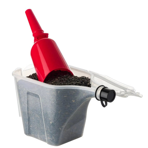3N1 Bird Seed Super Tote And Storage For 5 Lb Capacity with red tapered pour spout visible filled with seed, secure lid and handle