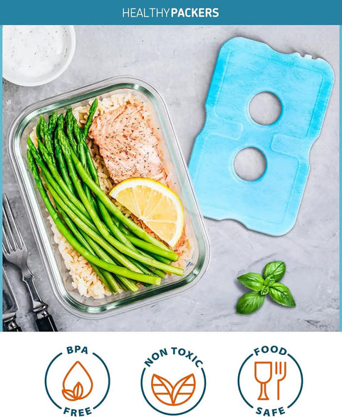 Slim Reusable Ice Packs For Coolers And Lunch Boxes Set Of 4 Long Lasting Freezer Packs shown with meal and basil