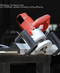 Heavy Duty Electric Tile Bevel Cutter With A Kickass 1200 Watt Motor Spinning 13000 Rpm For Clean 43 Degree Chamfers On Ceramic Or Porcelain Featuring Slick Wet Cut System And 110 V Plug on cutting table.