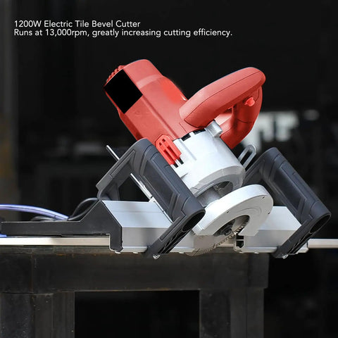 Heavy Duty Electric Tile Bevel Cutter With A Kickass 1200 Watt Motor Spinning 13000 Rpm For Clean 43 Degree Chamfers On Ceramic Or Porcelain Featuring Slick Wet Cut System And 110 V Plug on cutting table.