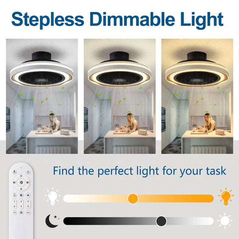 Bladeless Flush Mount Ceiling Fan With Lights And Remote, 19 Inch Low Profile Ceiling Fan With Stepless Dimmable Light