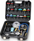 Pro Grade 33 Piece Cooling System Pressure Tester And Vacuum Refill Kit with gauge, various caps, and hoses in a black case.