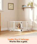 Built Tough No Drill Small Dog Gate 48 Inch Foldable Puppy Barrier For Home Doorways White Metal Step Over Anti Tip Pet Fence with dog inside.