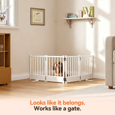 Built Tough No Drill Small Dog Gate 48 Inch Foldable Puppy Barrier For Home Doorways White Metal Step Over Anti Tip Pet Fence with dog inside.
