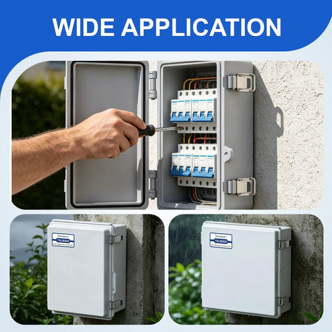 IP67 Weatherproof Electrical Junction Box Outdoor Enclosure Rugged Grey ABS Plastic With Hinged Lid, Mounting Plate And Wall Brackets, Dustproof Waterproof Project Box For Outdoor Electrical Setup, open with breakers