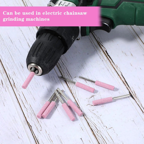 Diamond Chainsaw Sharpener Kit 32 Pieces Pink Sharpeners With 0.22 Inch Heads displayed with drill attachment