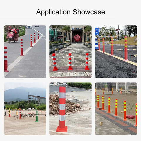 Heavy Duty Plastic Safety Bollard Post With Bright Reflective Tape Yellow Traffic Road Pile And Parking Barrier Come With Mounting Base No Sweat Installation Rock Solid Durability