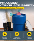 Worker handling Blue 14 Gallon Plastic Drum for Hazardous Materials Storage and Spill Response DOT Compliant with removable lid