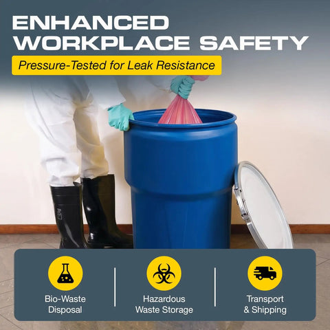 Worker handling Blue 14 Gallon Plastic Drum for Hazardous Materials Storage and Spill Response DOT Compliant with removable lid