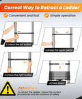 Diagram showing retracting Heavy Duty Telescoping Ladder Sixteen And A Half Foot Extension With Hooks instructions