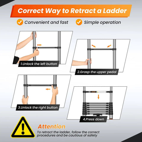Diagram showing retracting Heavy Duty Telescoping Ladder Sixteen And A Half Foot Extension With Hooks instructions