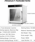 Silent Ten Tray Food Dehydrator Machine Smooth Eight Hundred Watt Electric Kitchen Appliance adjustable thermostat and digital timer.
