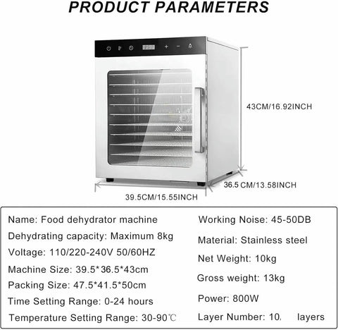 Silent Ten Tray Food Dehydrator Machine Smooth Eight Hundred Watt Electric Kitchen Appliance adjustable thermostat and digital timer.