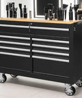 Built Like A Tank Steel Tool Cabinet With Multiple Lockable Drawers For Heavy Duty Garage Setups And Rust Resistant Workshop Storage That Keeps Your Gear Tight On Tough Projects with a wooden top and wheels.