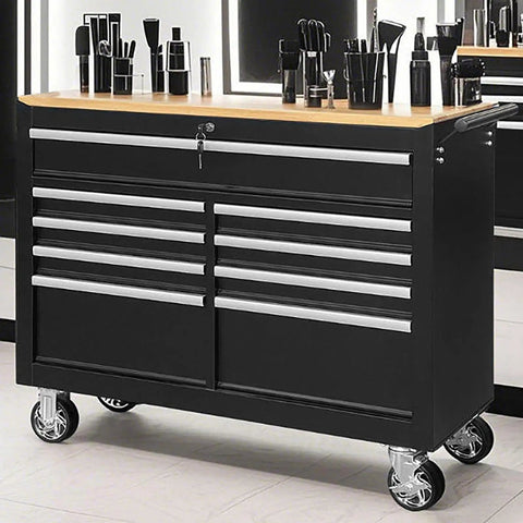 Built Like A Tank Steel Tool Cabinet With Multiple Lockable Drawers For Heavy Duty Garage Setups And Rust Resistant Workshop Storage That Keeps Your Gear Tight On Tough Projects with a wooden top and wheels.