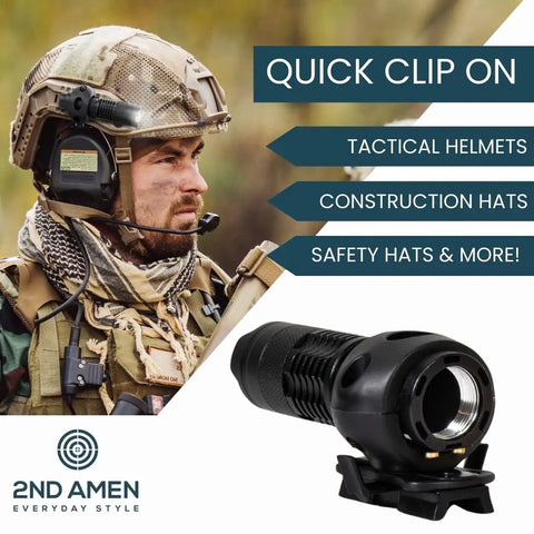 350 Lumen Tactical Helmet Light With 3 Modes ARC Rail Mount for Airsoft and Military Helmets, shown on helmet.