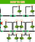 Diagram showing how to use Half Inch Drip Irrigation Fittings 12 Pack Barbed 90 Degree Elbows with plants being watered.
